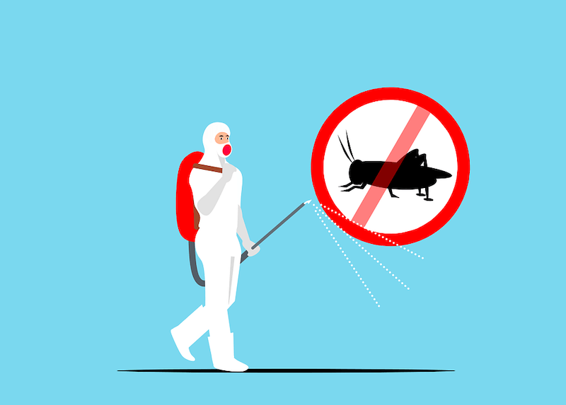 Cartoon of pest control technician. Are pest controls pet-friendly?