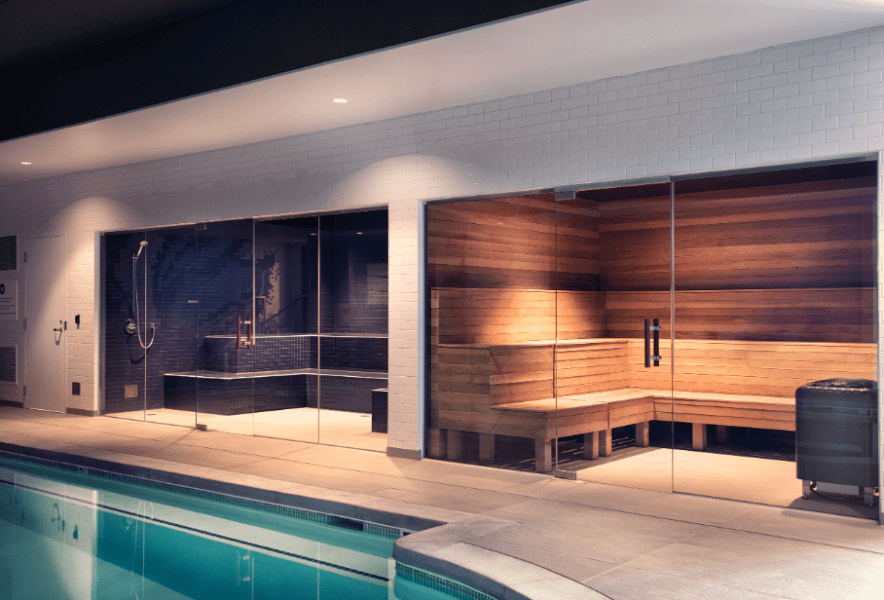 Views of the indoor pool, steam room and sauna at Woodside. 