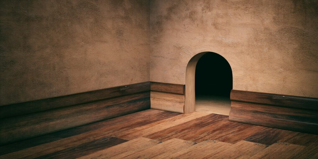 Mouse house hole on plastered wall.